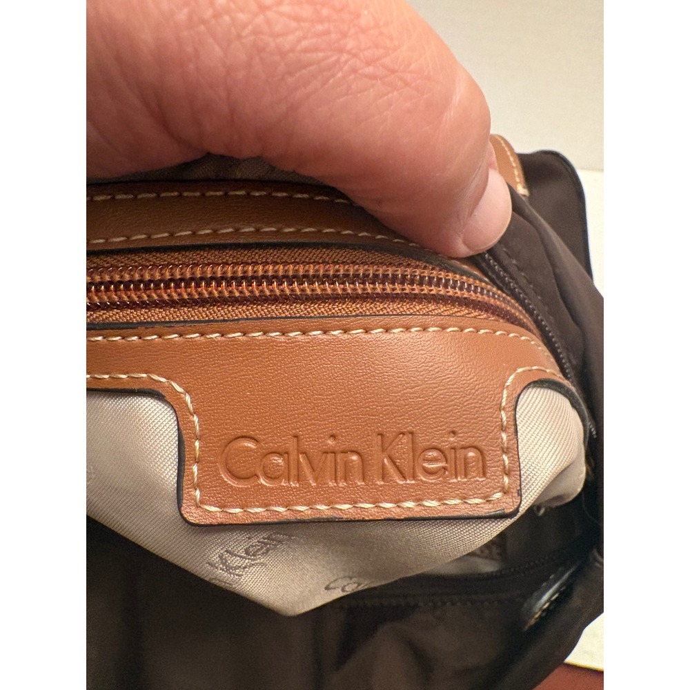 Calvin Klein Brown Nylon Tote Bag Tan Trim Gold Hardware Shoulder Bag